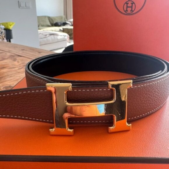 Hermes H Gold and Tan Calfskin Leather Belt. - Picture 2 of 6